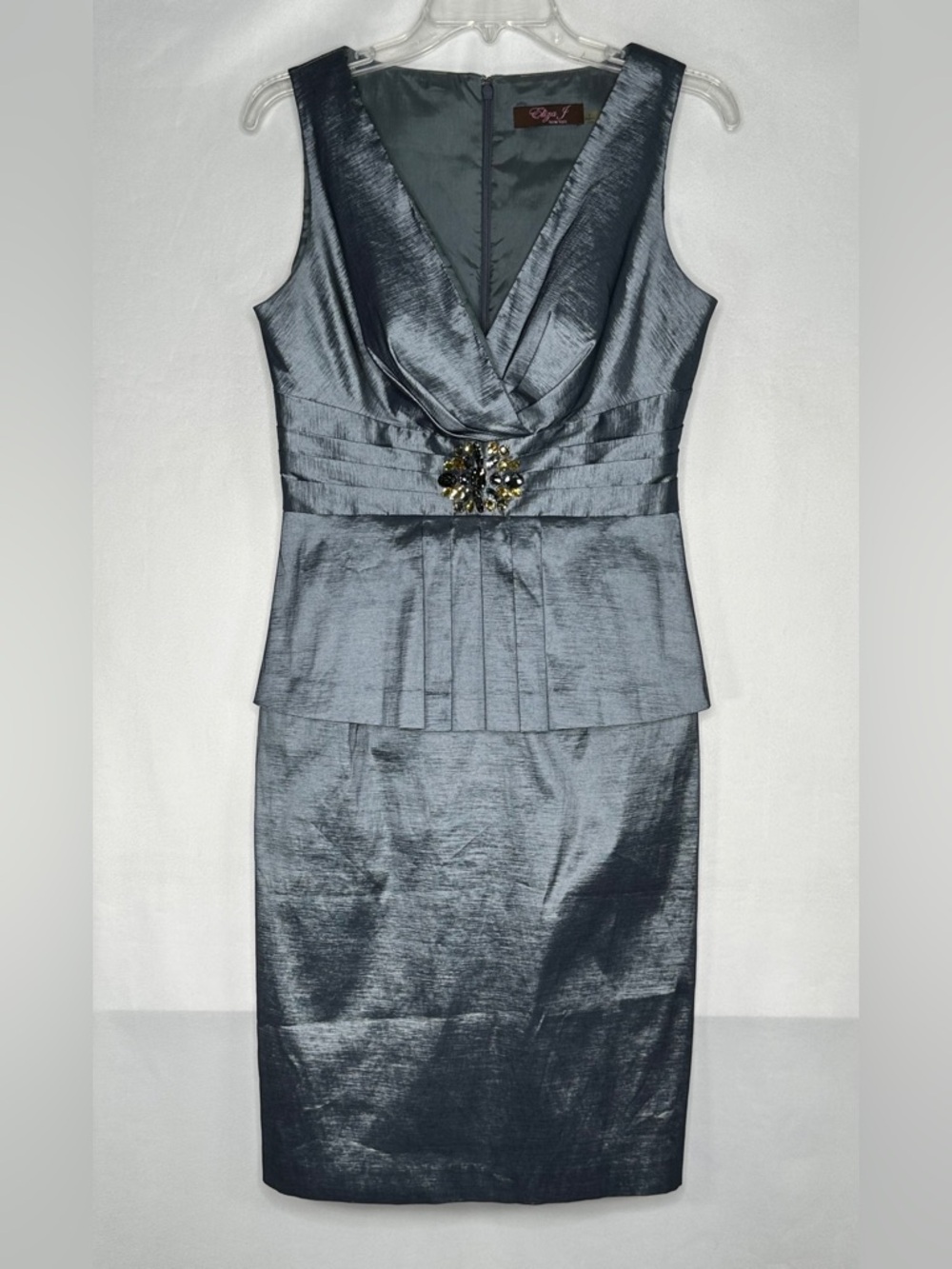 Eliza J Metallic Slate Sheath Dress Peplum‎ Jewel Accent Special Occasion Sz 6